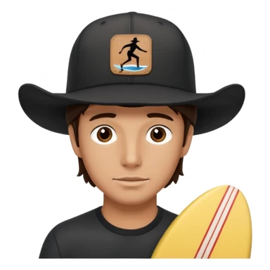 Male brunette movie producer black baseball hat with surfing cowboys written on hat  sticker