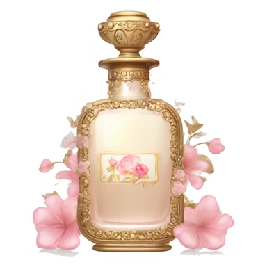 Vintage perfume bottle in antique Greek style, white, pink and beige, oil perfume inside, sequins and flowers fluttering around sticker