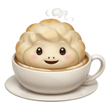 Cappuccino with cute frothing art showing a cute emotional support dumpling with smily face sticker