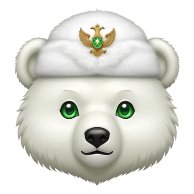 Adorable bear head with bright green eyes, white fluffy ushanka with clean simple Russian double-headed eagle emblem, minimalist iOS emoji style sticker