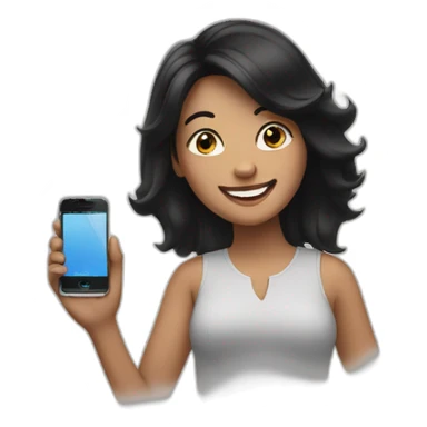 happy woman with black hair holding a iphone sticker