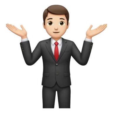 Sticker of a man in a business suit, front view, both arms extended in front of his body at waist level, below chest, hands low near the stomach, elbows slightly bent, palms facing inward as if holding an invisible box, not raised, not upward sticker