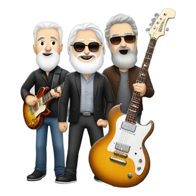 Three white mature musicians. one on a Gibson Les Paul guitar with a beard, one on a Fender Precision bass that is very tall and one playing banjo with a short gray beard sticker