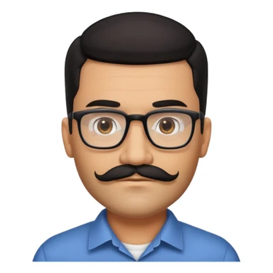 Attractive Hispanic TV host in his mid to late 40s with light brown skin, short straight black hair slicked back with fade on sides, square handsome face with strong jawline, friendly approachable expression, black beard and moustache, wearing glasses sticker