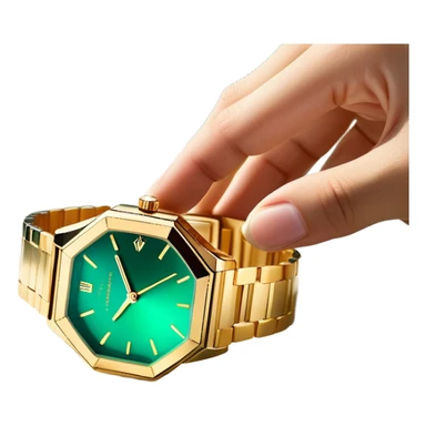 Minimalist white hand outline cradling a hexagonal prism refracting golden light into a scene of a luxury watch on a marble desk, deep emerald (#1A5F3F) and sapphire (#0F52BA) gradient background, prism facets glowing with metallic gold (#D4AF37) edges, soft shadow play, cinematic luxury vibe --style minimalist --no text, realistic details, human faces sticker