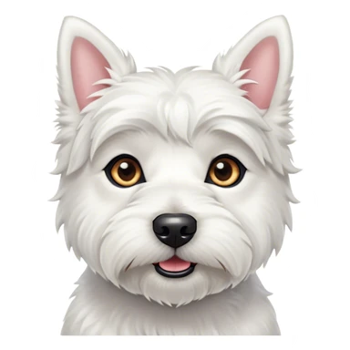 Cinematic Cute West Highland White Terrier Portrait Emoji, Head tilted playfully and inquisitively, featuring a fluffy, immaculate white coat with perky ears, round, sparkling dark eyes filled with curiosity, Simplified yet irresistibly adorable features, highly detailed, glowing with a warm, friendly glow, high shine, affectionate and lively, stylized with a touch of whimsy, bright and endearing, soft glowing outline, capturing the essence of a mischievous yet loving pup, so playful it feels like it could bound out of the screen and into your arms! sticker