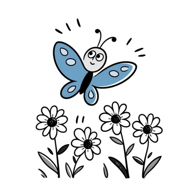 Blue butterfly with a cheerful smile flying around spring flowers and sunshine sticker