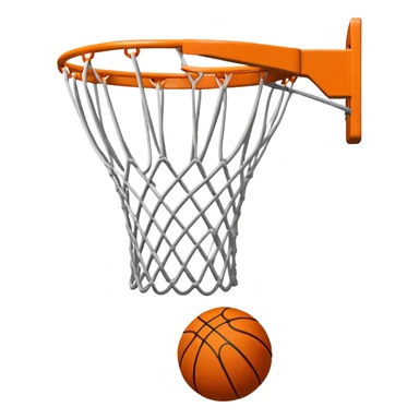 Orange Spalding basketball inside basketball net, viewed from below the hoop, minimalist design, iOS emoji style sticker