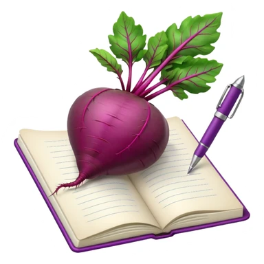 purple beetroot with green leaves in front of an open notebook with a pen beside it sticker