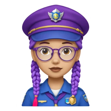 blue uniform wearing scout kid with purple braids and glassess with blue scout hat sticker