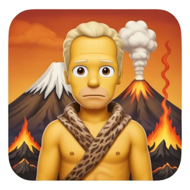 a simpson guy wearing ancient animal skin cloth with volcano behind, half body, icon sticker