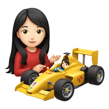 black long black haired girl kid playing yellow colored formula 1 car toy sticker