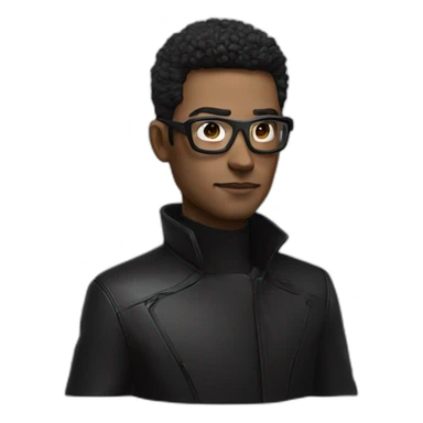 super realistic futuristic man, dressed in a black coat, futuristic black glasses, modern watch sticker