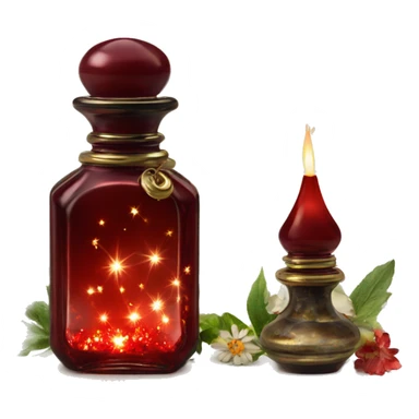 Dark red magic fairy light sparkling old Antique oil perfume bottle with herbal and flowers sticker