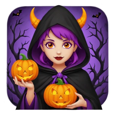 female-succubus-emoji,-red-skin,-purple-eyes,-elegant-face,-pumpkin-wreath-on-head,-black-hooded-cloak-with-cobweb-details,-holding-small-glowing-pumpkin-lantern,-halloween-fantasy sticker