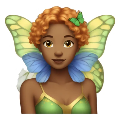 Beautiful, cornflower, fairy, green, gold, chest length ginger hair, big green and gold butterfly wings sticker
