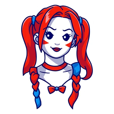 Harley Quinn style hair with red and blue ponytails sticker