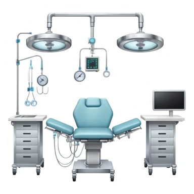 A surgical room setup with overhead lights and sterile instrument table.
 sticker