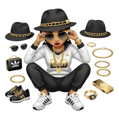 female cat wearing Run DMC hip-hop outfit with tracksuit, fedora, Adidas sneakers, dark sunglasses, many gold chains, rings, bracelets, flashy earrings, lying on the ground in distress, crying sticker