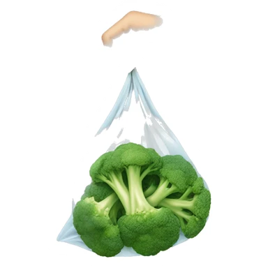a hand holding a small see through bag wir chopped Broccoli inside sticker