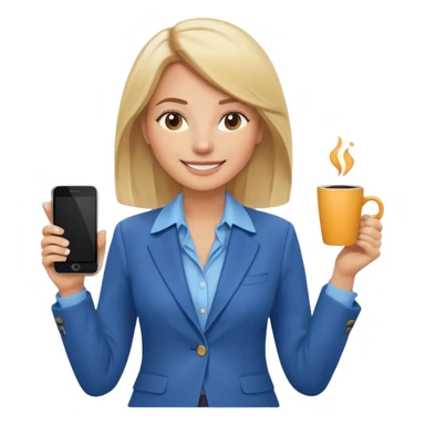 Confident and outgoing female entrepreneur, Caucasian features, shoulder-length blonde hair, big friendly smile, expressive eyes, wearing a blue blazer over a light blue blouse, holding a smartphone in one hand and a coffee cup in the other, waist-up, front-facing sticker
