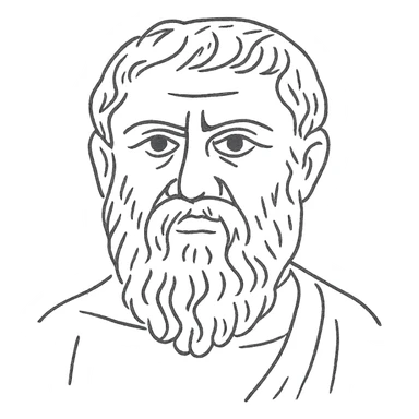 a hand drawn black outline portrait of Plato with similar-sized eyes based a famous portrait of him sticker