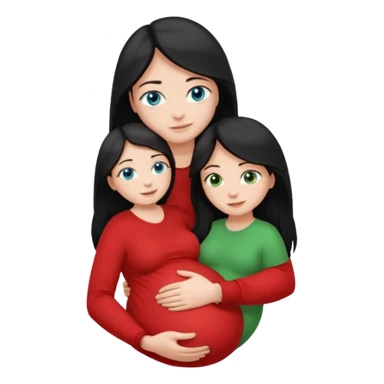 Make a couple emoji they are 18. The girl has long black hair and blue eyes and is hugging a pregnant boy with light brown hair and green eyes they are both wearing red top. They are both white  sticker