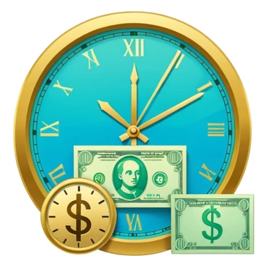 Flat vector icon of money with ruble symbol and a clock, representing tax payment deferral, minimalist governmental infographic style, solid shapes, high contrast, no shadows, no text, white background sticker