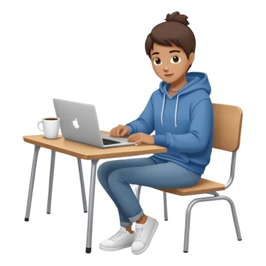 A flat-style illustration of a college-age student sitting at a desk with an open laptop and a coffee cup. The student wears casual adult clothing like jeans and a hoodie, with a tote bag on the side. Clean, modern cartoon style, white background, iOS emoji aesthetic.

 sticker