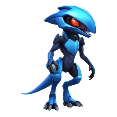 a black-blue Genesect-Raptor-Fakémon—hybrid with a futuristic visor-helmet full body sticker