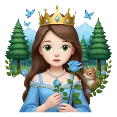 a 12 year old girl with shinny long brown hair and pretty green eyes with pale skin wearing a sky blue gown in a beautiful forest with adorable animals and stunning roses and lilacs surrounding her as she smells the only sky blue rose she is also wearing a crown that has pearls sticker