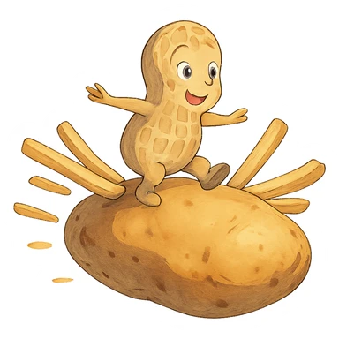 ghibli style peanut flying on a potato with fries sticker