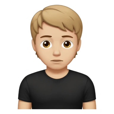 A Man with a sorry expression. He has short wavy light-brown hair and wearing a black t-shirt, and a visible bulge on the groin area molding his testicles. sticker