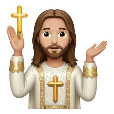 Jesus Christ from The Bible with long brown hair, white sequin outfit sticker