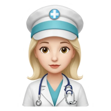 female doctor with white uniform and white hat with hospital logo on hat sticker