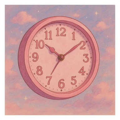 aesthetic pink clock in ghibli style, dreamy and whimsical with subtle background sticker