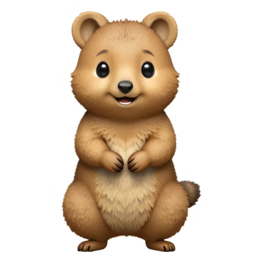 cinematic-quokka-realistic-full-body-standing-emoji,-small-round-frame-balanced-on-tiny-strong-hind-legs,-fluffy-brown-fur-radiating-a-warm-softness,-big-round-eyes-filled-with-joy-and-innocence,-tiny-clawed-paws-held-close-to-chest,-cheerful-smile-exuding-endearing-happiness,-simplified-yet-realistic-focused-features,-highly-detailed,-glowing-with-a-sunny-warmth sticker