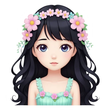 Kawaii anime lady with long black hair wearing a gorgeous pastel fairycore dress with flower details sticker