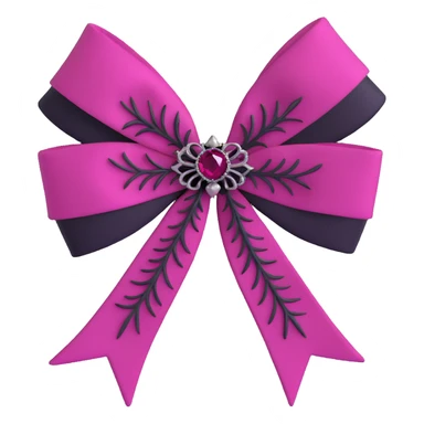 3D emoji style pink bow with gothic effect, deep magenta velvet, black feather accents, and silver spiderweb brooch sticker