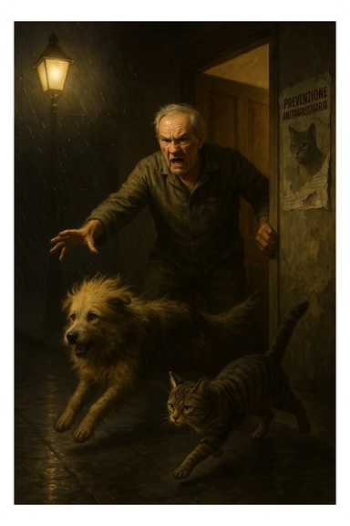 Un uomo anziano in tuta da lavoro, con espressione arrabbiata, butta fuori i suoi animali con aperta la porta di casa mentre il suo cane (un meticcio a pelo lungo) e il gatto (soriano) scappano nella strada buia sotto la pioggia. Particelle di polvere/pulci fluttuano nell'aria illuminata dal lampione. Sullo sfondo, un poster strappato del veterinario con scritto 'Prevenzione antiparassitaria'. Stile fotorealistico, illuminazione Caravaggesca, toni grigi e ocra. in italiano sticker