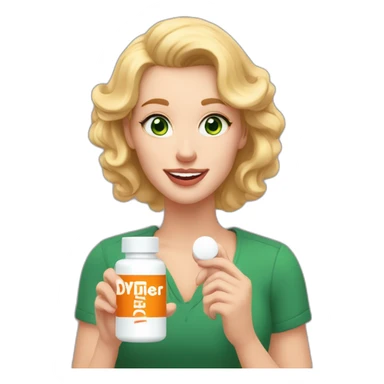 White woman with green eyes, ligth pink lips,pronunciate checks,  blond semi curly hair, big teeth,  holding a white pill bottle in hand with a label that says diviher in orange letters sticker