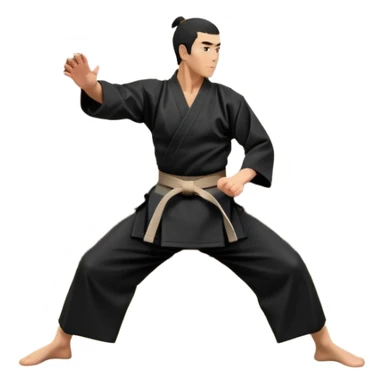An icon depicting an aikido fighter in a black gi, executing a graceful throw in a martial arts dojo. The background features traditional wooden floors, tatami mats, and a serene atmosphere with soft lighting. The focus is on the fighter's precise technique and fluid movement. Transparent background sticker
