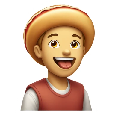 boy enjoying food indoors wearing hotdog hat sticker