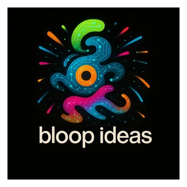 Add subtle tech details such as circuit patterns, digital dots, or glowing lines to the abstract mascot character. Maintain the playful, energetic, and imaginative vibe suitable for a black website background. Retain the bright, lively color palette and include the tagline 'bloop ideas'. sticker