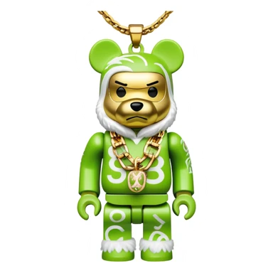 classic bearbrick figure with lime green mask covered in chaotic brand logos, wearing several large gold chains, gold pendant, rapper style accessories, expressive eyebrows sticker