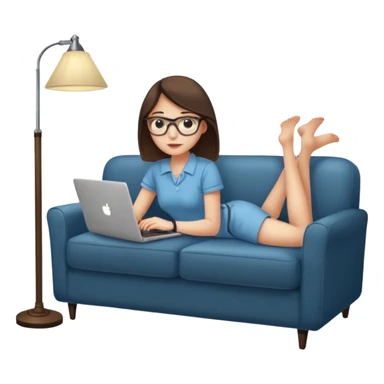A girl is working with a laptop while lying on a sofa, with a floor lamp to the right. sticker