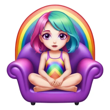 Psychedelic girl with large glistening eyes and rainbow colored hair sitting in a chair, ultra realistic facial details sticker