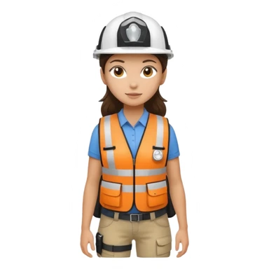 Brunette brown Girl full body standing with her white security helmet and security vest on, also with her black backpack sticker