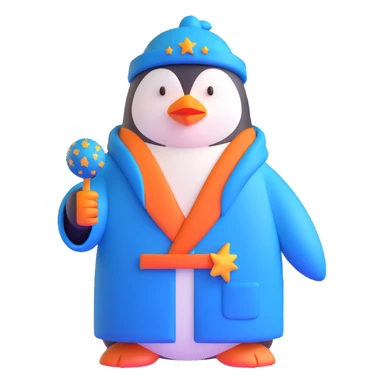 penguin wizard with a blue robe and starry hat sticker
