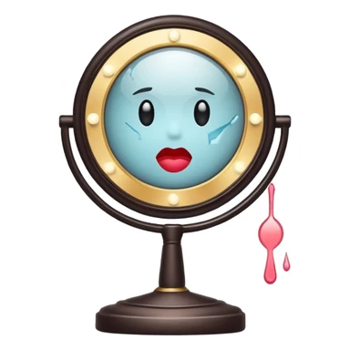 Minimalist emoji-style sticker of a vanity mirror with dim bulbs and cracked glass, words “Am I real yet?” smeared in dusty lipstick tone


 sticker